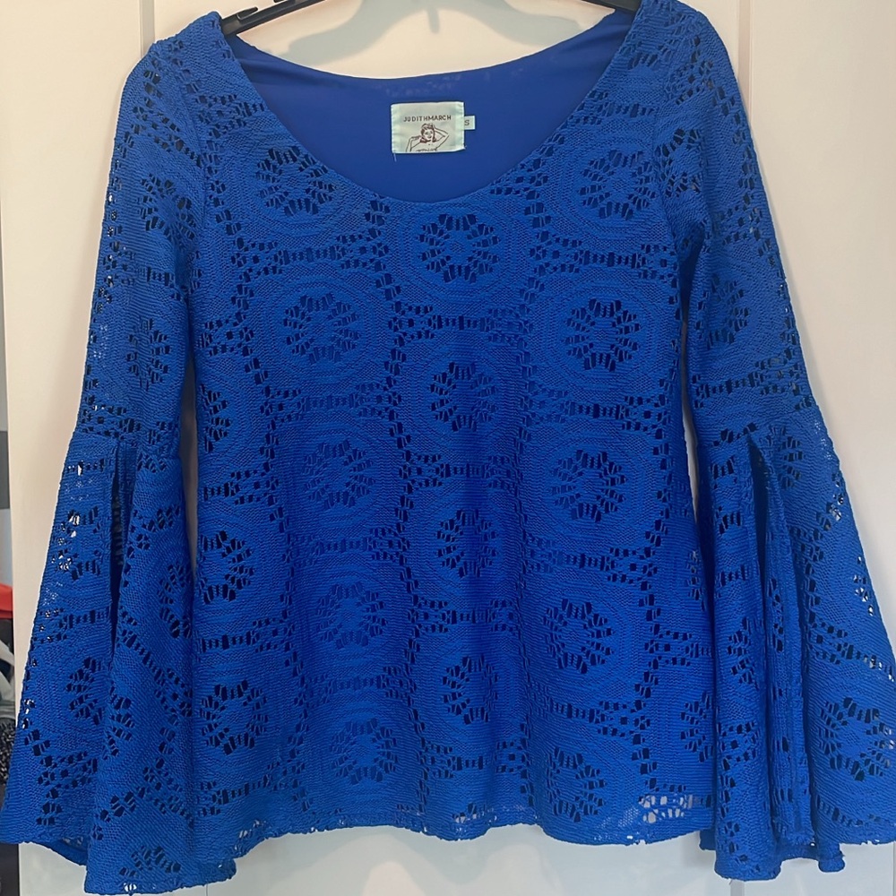 Judith March. Royal Blue. Bell sleeve. Crochet top. Size small